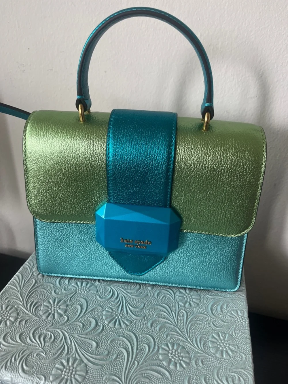 kate spade Metallic Teal, Aqua & Lime Top-Handle Satchel, NWT - Picture 1 of 7